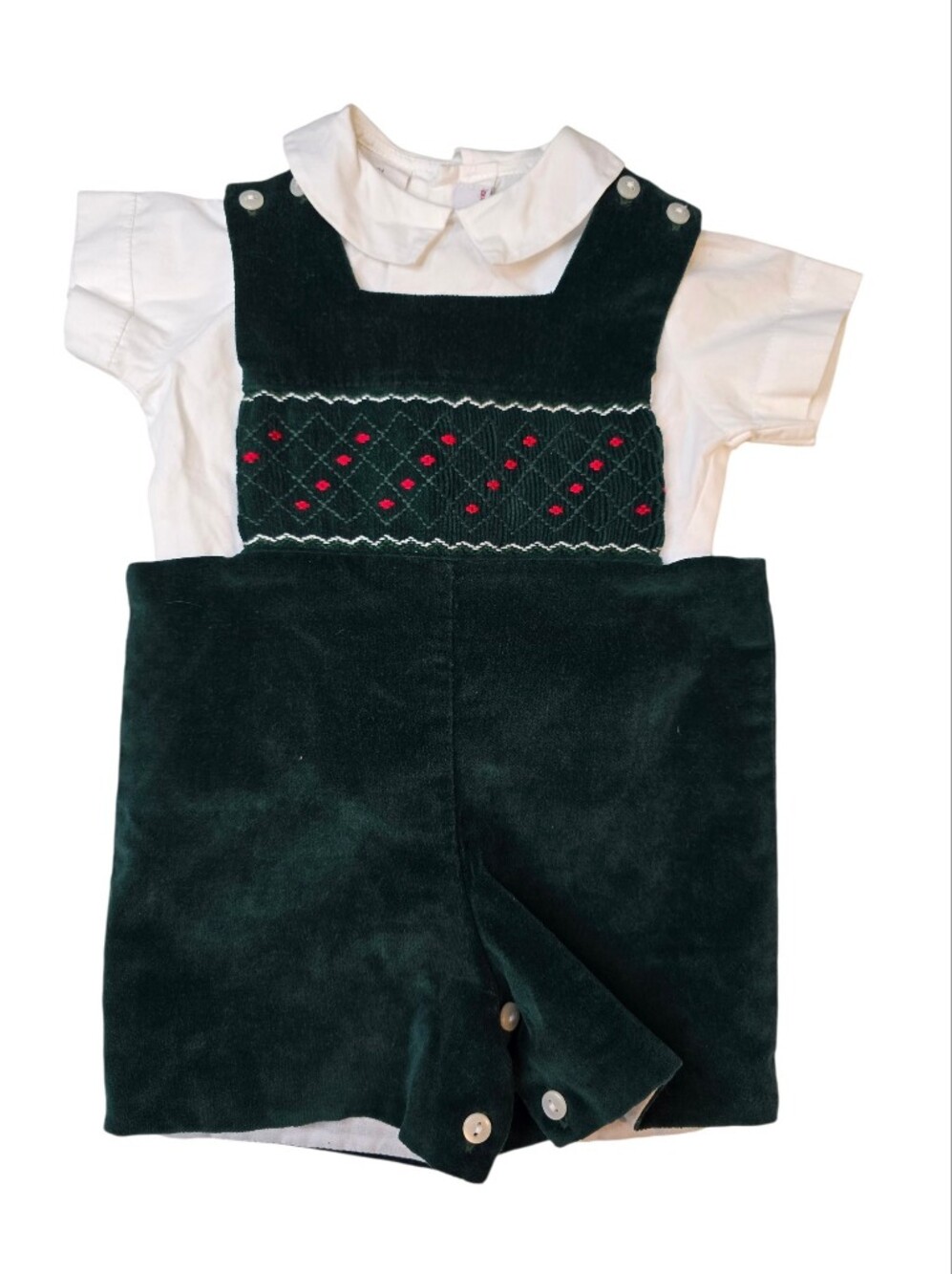 Silly Goose Classic Green Corduroy Smocked Romper with White Shirt